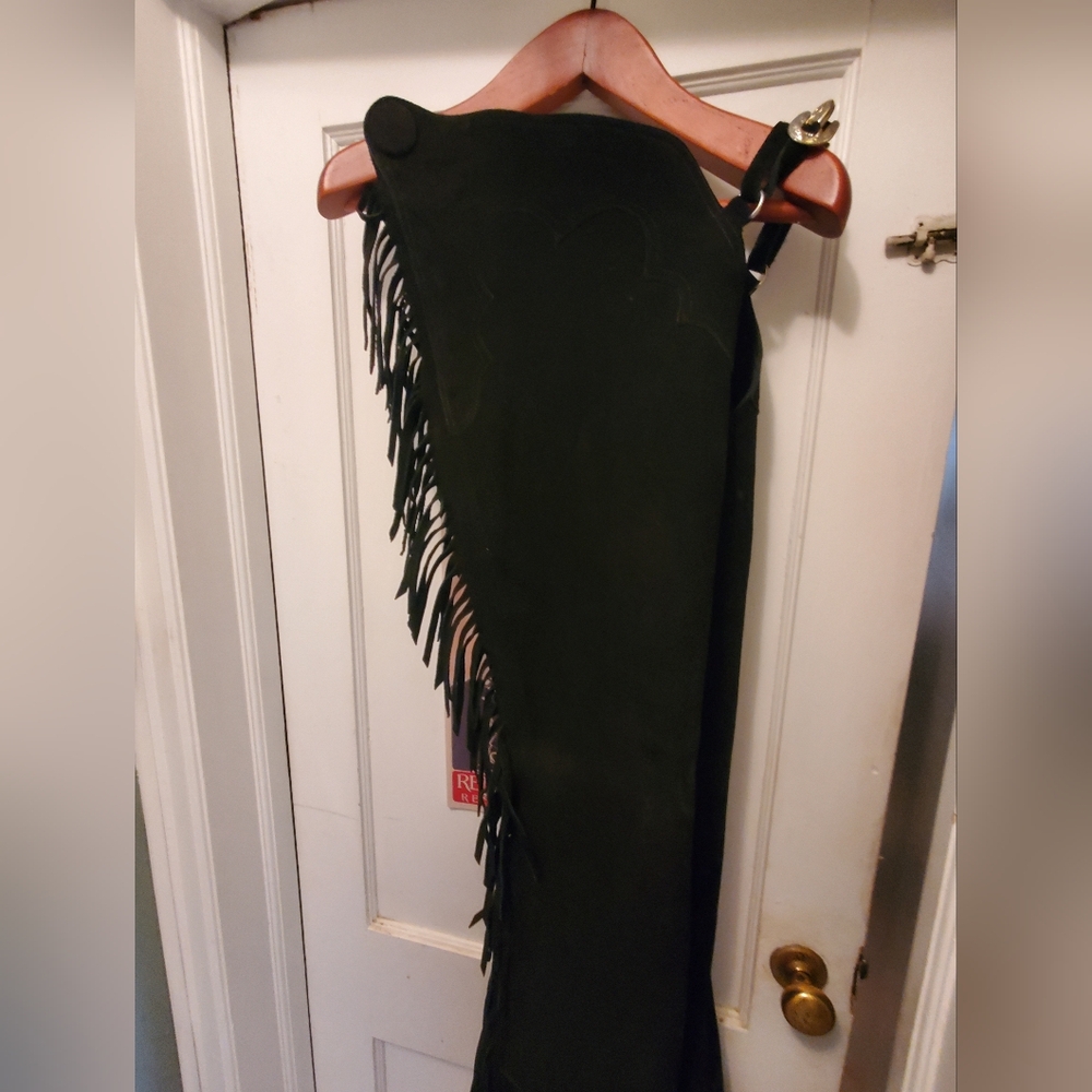 Absolutely Amazing " Hobby Horse" Black Suede Fringed Western Riding Chaps. - Picture 2 of 9